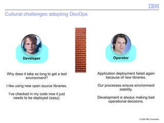 © 2009 IBM Corporation
Cultural challenges adopting DevOps
Developer
Why does it take so long to get a test
environment?
I like using new open source libraries.
I’ve checked in my code now it just
needs to be deployed (easy).
Operator
Application deployment failed again
because of new libraries.
Our processes ensure environment
stability.
Development is always making bad
operational decisions.
 