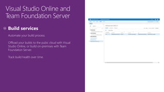 Visual Studio Online and
Team Foundation Server
Automate your build process.
Offload your builds to the pubic cloud with Visual
Studio Online, or build on-premises with Team
Foundation Server.
Track build health over time.
 