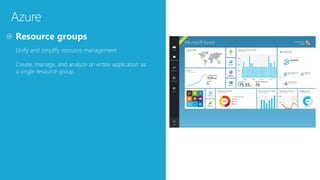 Azure
Unify and simplify resource management.
Create, manage, and analyze an entire application as
a single resource group.
 