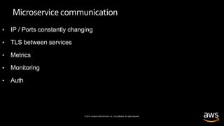 © 2019, Amazon Web Services, Inc. or its affiliates. All rights reserved.
Microservicecommunication
• IP / Ports constantly changing
• TLS between services
• Metrics
• Monitoring
• Auth
 