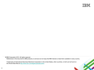 © IBM Corporation 2013. All rights reserved.
References in this document to IBM products or services do not imply that IBM intends to make them available in every country.
Trademarks of International Business Machines Corporation in the United States, other countries, or both can be found on
the World Wide Web at http://www.ibm.com/legal/copytrade.shtml.

11

 