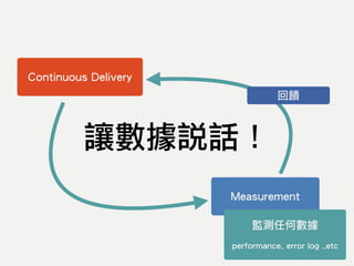 讓數據說話！
Continuous Delivery
Measurement
回饋
監測任何數據 
!
performance, error log …etc
 