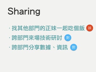Sharing
‧找其他部門的正妹一起吃個飯
‧跨部門來場技術研討
‧跨部門分享數據、資訊
誤
對
對
 