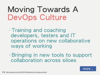 ‧Training and coaching
developers, testers and IT
operations on new collaborative
ways of working
‧Bringing in new tools to support
collaboration across siloes
來源: http://devops.com/2015/05/18/dislike-term-devops-culture/
Moving Towards A
DevOps Culture
more …
 