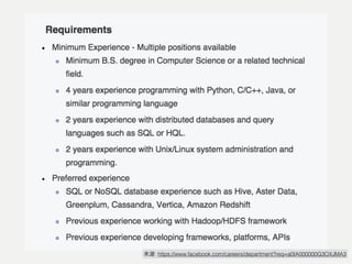 Facebook, DevOps
Engineer, Data
來源: https://www.facebook.com/careers/department?req=a0IA000000G3OXJMA3
 