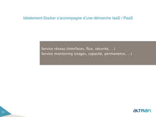 Idéalement Docker s’accompagne d’une démarche IaaS / PaaS
10
Service réseau (interfaces, flux, sécurité, …)
Service monito...