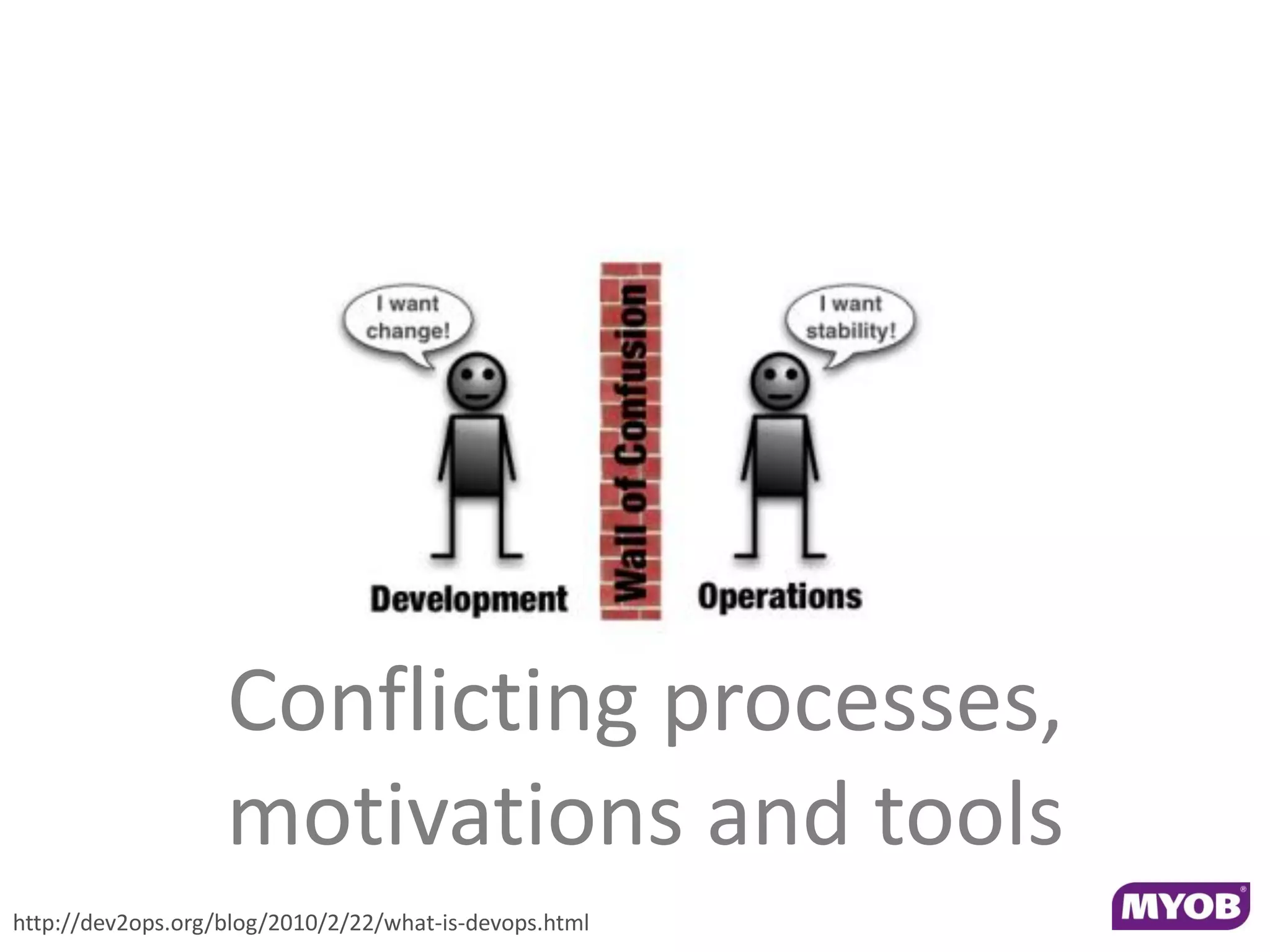 Conflicting processes,
                   motivations and tools
http://dev2ops.org/blog/2010/2/22/what-is-devops.html
 