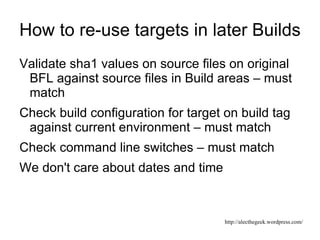 Under what configuration was this built? Compiler switches, which libraries and tools (the build  configuration ) Can we “re-create the build”? 