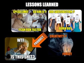 LESSONS LEARNED
CREATIVITY ?
FORGET
JOB SATISFACTION ?
BURN OUTI CAN RUN FASTER
SPEED LIMIT 60 KM/h ?
 