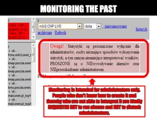 Monitoring is intended for administrators only.
People who don't know how to create it and
thereby who are not able to interpret it are kindly
REQUESTED NOT to run alarms and NOT to disturb
administrators.
MONITORING THE PAST
 