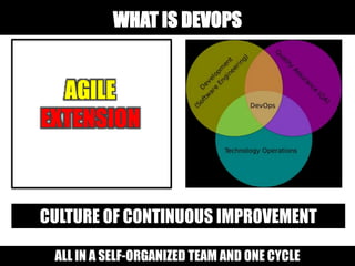 WHAT IS DEVOPS
ALL IN A SELF-ORGANIZED TEAM AND ONE CYCLE
AGILE
EXTENSION
CULTURE OF CONTINUOUS IMPROVEMENT
 
