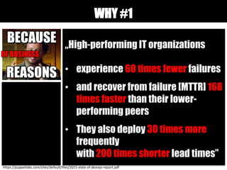 OF
BUSSINES
OF BUSINESS
„High-performing IT organizations
• experience 60 times fewer failures
• and recover from failure [MTTR] 168
times faster than their lower-
performing peers
• They also deploy 30 times more
frequently
with 200 times shorter lead times”
https://puppetlabs.com/sites/default/files/2015-state-of-devops-report.pdf
WHY #1
 