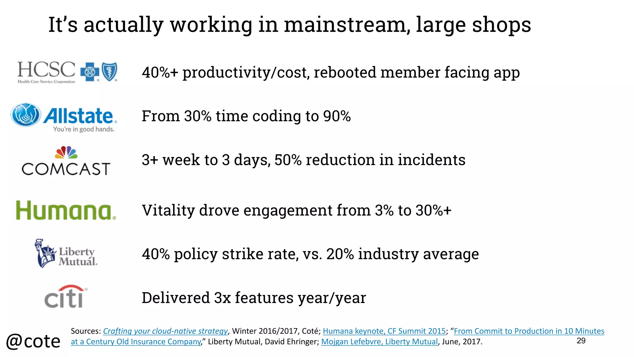 It’s actually working in mainstream, large shops
29
40%+ productivity/cost, rebooted member facing app
From 30% time coding to 90%
3+ week to 3 days, 50% reduction in incidents
Vitality drove engagement from 3% to 30%+
40% policy strike rate, vs. 20% industry average
Delivered 3x features year/year
Sources:	Crafting	your	cloud-native	strategy,	Winter	2016/2017,	Coté;	Humana	keynote,	CF	Summit	2015;	“From	Commit	to	Production	in	10	Minutes	
at	a	Century	Old	Insurance	Company,”	Liberty	Mutual,	David	Ehringer;	Mojgan Lefebvre,	Liberty	Mutual,	June,	2017.@cote
 