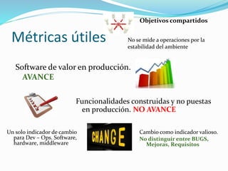 Métricas útiles 
Software de valor en producción. 
AVANCE 
Objetivos compartidos 
Funcionalidades construidas y no puestas 
en producción. NO AVANCE 
Cambio como indicador valioso. 
No distinguir entre BUGS, 
Mejoras, Requisitos 
Un solo indicador de cambio 
para Dev – Ops. Software, 
hardware, middleware 
No se mide a operaciones por la 
estabilidad del ambiente 
 