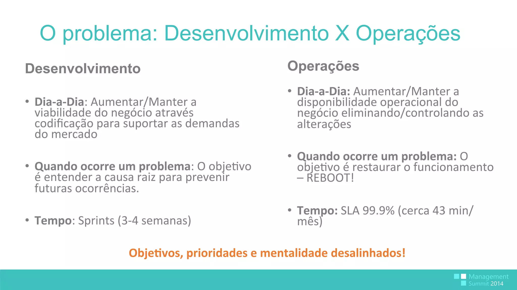 O problema: Desenvolvimento X Operações 
Desenvolvimento 
• Dia-­‐a-­‐Dia: 
Aumentar/Manter 
a 
viabilidade 
do 
negócio 
através 
codificação 
para 
suportar 
as 
demandas 
do 
mercado 
• Quando 
ocorre 
um 
problema: 
O 
obje:vo 
é 
entender 
a 
causa 
raiz 
para 
prevenir 
futuras 
ocorrências. 
• Tempo: 
Sprints 
(3-­‐4 
semanas) 
Operações 
• Dia-­‐a-­‐Dia: 
Aumentar/Manter 
a 
disponibilidade 
operacional 
do 
negócio 
eliminando/controlando 
as 
alterações 
• Quando 
ocorre 
um 
problema: 
O 
obje:vo 
é 
restaurar 
o 
funcionamento 
– 
REBOOT! 
• Tempo: 
SLA 
99.9% 
(cerca 
43 
min/ 
mês) 
Obje>vos, 
prioridades 
e 
mentalidade 
desalinhados! 
 