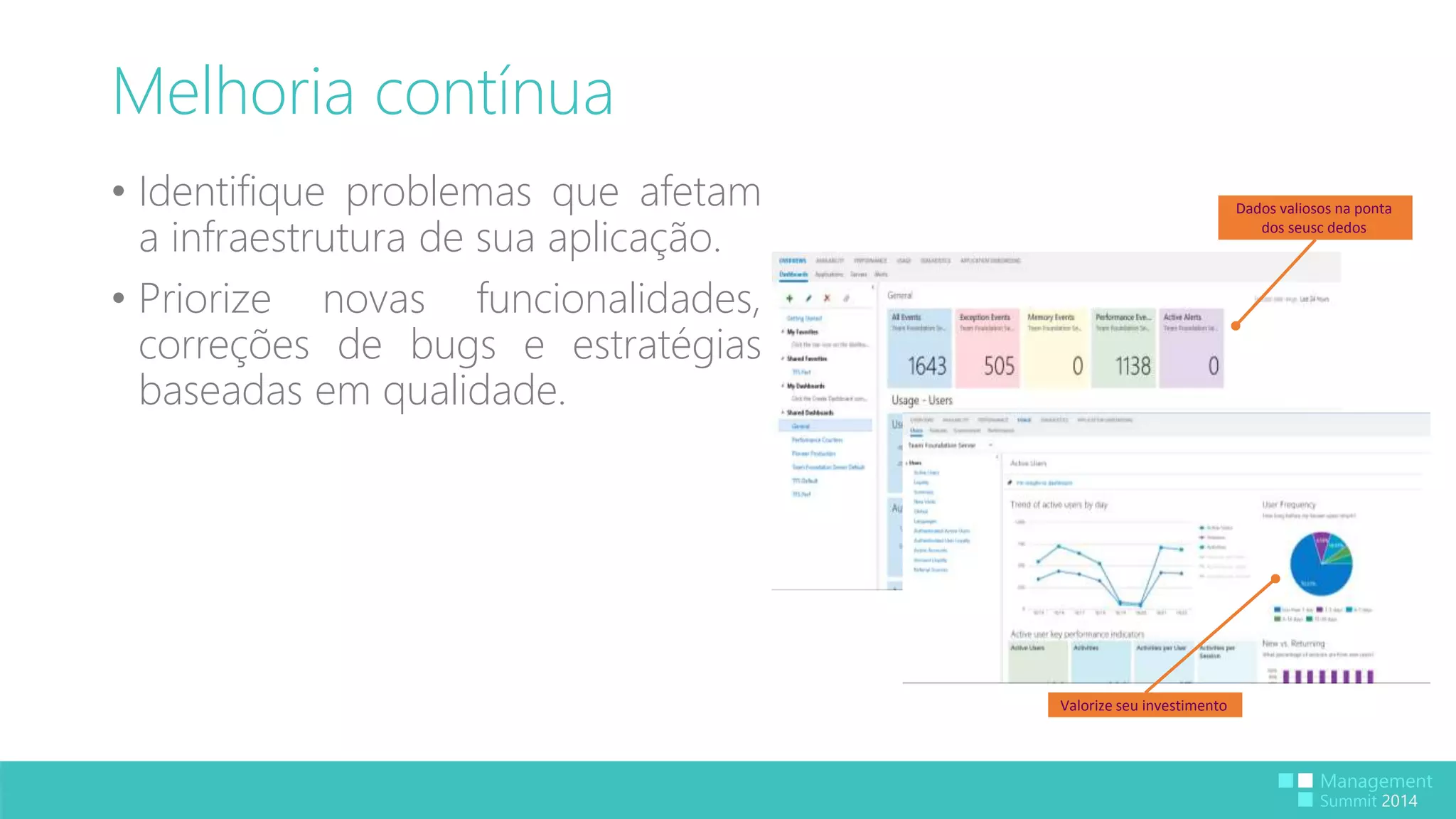 Melhoria contínua 
• Identifique problemas que afetam 
a infraestrutura de sua aplicação. 
• Priorize novas funcionalidades, 
correções de bugs e estratégias 
baseadas em qualidade. 
Dados valiosos na ponta 
dos seusc dedos 
Valorize seu investimento 
 