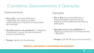 O problema: Desenvolvimento X Operações 
Desenvolvimento 
• Dia-a-Dia: Aumentar/Manter a 
viabilidade do negócio através 
codificação para suportar as demandas 
do mercado 
• Quando ocorre um problema: O objetivo 
é entender a causa raiz para prevenir 
futuras ocorrências. 
• Tempo: Sprints (3-4 semanas) 
Operações 
• Dia-a-Dia: Aumentar/Manter a 
disponibilidade operacional do 
negócio eliminando/controlando as 
alterações 
• Quando ocorre um problema: O 
objetivo é restaurar o funcionamento 
– REBOOT! 
• Tempo: SLA 99.9% (cerca 43 min/mês) 
Objetivos, prioridades e mentalidade desalinhados! 
 
