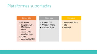 Plataformas suportadas 
Server side 
• .NET & Java 
• On-prem: MS 
Monitoring 
Agent 
• Azure: VM’s e 
cloud services 
• ASP.NET 
• AppInsights SDK 
Client side 
• Browser (JS) 
• Windows Phone 
• Windows Store 
Em breve 
• Azure Web Sites 
• iOS 
• Android 
 