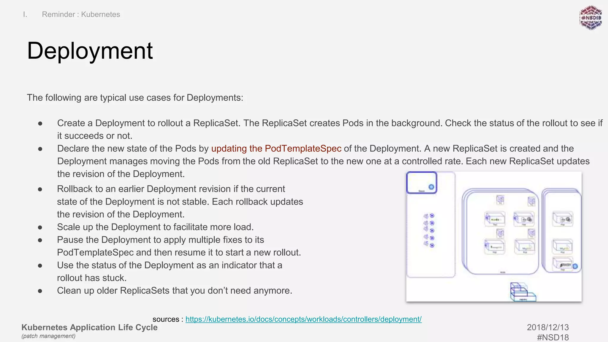 Kubernetes Application Life Cycle
(patch management)
2018/12/13
#NSD18
The following are typical use cases for Deployments:
● Create a Deployment to rollout a ReplicaSet. The ReplicaSet creates Pods in the background. Check the status of the rollout to see if
it succeeds or not.
● Declare the new state of the Pods by updating the PodTemplateSpec of the Deployment. A new ReplicaSet is created and the
Deployment manages moving the Pods from the old ReplicaSet to the new one at a controlled rate. Each new ReplicaSet updates
the revision of the Deployment.
Deployment
I. Reminder : Kubernetes
sources : https://kubernetes.io/docs/concepts/workloads/controllers/deployment/
● Rollback to an earlier Deployment revision if the current
state of the Deployment is not stable. Each rollback updates
the revision of the Deployment.
● Scale up the Deployment to facilitate more load.
● Pause the Deployment to apply multiple fixes to its
PodTemplateSpec and then resume it to start a new rollout.
● Use the status of the Deployment as an indicator that a
rollout has stuck.
● Clean up older ReplicaSets that you don’t need anymore.
 