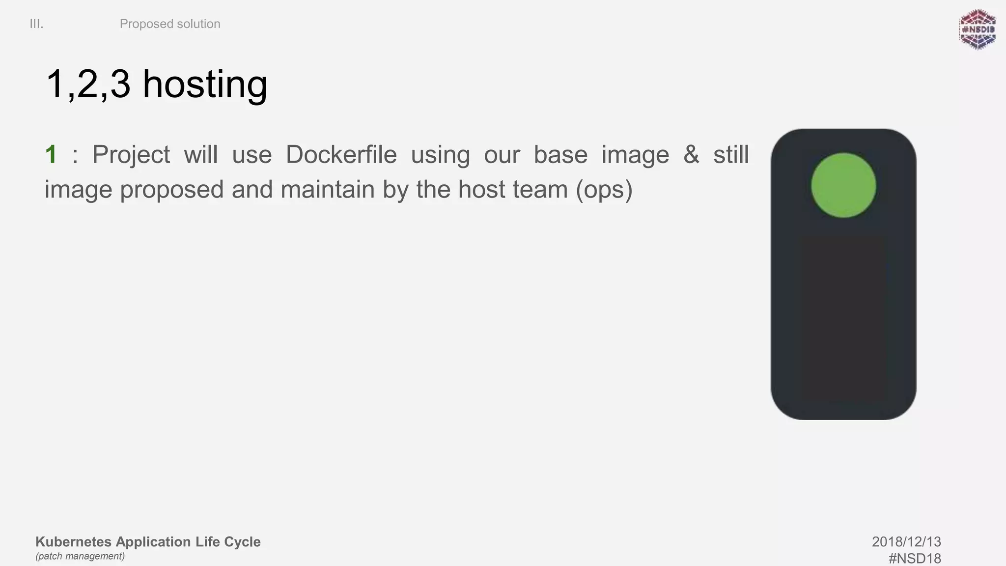 Kubernetes Application Life Cycle
(patch management)
2018/12/13
#NSD18
1,2,3 hosting
III. Proposed solution
1 : Project will use Dockerfile using our base image & still
image proposed and maintain by the host team (ops)
 