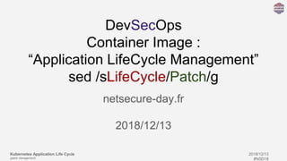 Kubernetes Application Life Cycle
(patch management)
2018/12/13
#NSD18
DevSecOps
Container Image :
“Application LifeCycle Management”
sed /sLifeCycle/Patch/g
netsecure-day.fr
2018/12/13
 