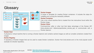 Kubernetes Application Life Cycle
(patch management)
2019/04/17
#DevoxxFR
Docker Images
A recipe or template for creating Docker containers. It includes the steps for
installing and running the necessary software
Docker Container
Like a tiny virtual machine that is created from the instructions found within the
Docker image
Docker Client
Command-line utility or other tool that takes advantage of the Docker API
(docs.docker.com/ reference/api/docker_remote_api) to communicate with a
Docker daemon
Glossary
I. Reminder : Docker
sources : https://docs.docker.com/glossary/
https://dzone.com/refcardz/getting-started-with-docker-1
Docker Host
A physical or virtual machine that is running a Docker daemon and contains cached images as well as runnable containers created from
images
Docker Registry
A repository of Docker images that can be used to create Docker containers. Docker Hub (hub.docker.com) is the most popular social
example of a Docker repository.
 