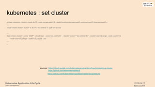 Kubernetes Application Life Cycle
(patch management)
2019/04/17
#DevoxxFR
kubernetes : set cluster
gcloud container clusters create dx19 --zone europe-west1-b --node-locations europe-west1-a,europe-west1-b,europe-west1-c
---
eksctl create cluster -p dx19 -n dx19 -r eu-central-1 --full-ecr-access
---
kops create cluster --name "dx19" --cloud=aws --zones=eu-central-1 --master-zones=""eu-central-1c" --master-size=t2.large --node-count=6 
--node-size=t2.2xlarge --state=s3://dx19 --yes
---
...
sources : https://cloud.google.com/kubernetes-engine/docs/how-to/creating-a-cluster
https://github.com/weaveworks/eksctl
https://github.com/kubernetes/kops/blob/master/docs/aws.md
 