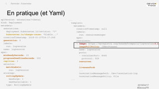 Kubernetes Application Life Cycle
(patch management)
2019/04/17
#DevoxxFR
En pratique (et Yaml)
I. Reminder : Kubernetes
apiVersion: extensions/v1beta1
kind: Deployment
metadata:
annotations:
deployment.kubernetes.io/revision: "3"
kubernetes.io/change-cause: "blabla..."
creationTimestamp: 2018-01-27T18:17:26Z
generation: 5
labels:
run: logversion
name: logversion
spec:
minReadySeconds: 15
progressDeadlineSeconds: 300
replicas: 3
selector:
matchLabels:
run: logversion
strategy:
rollingUpdate:
maxSurge: 1
maxUnavailable: 1
type: RollingUpdate
...
template:
metadata:
creationTimestamp: null
labels:
run: resourcesmonger
spec:
containers:
- image: https://myregistry.org/kanedafromparis/logversion:3.1
imagePullPolicy: IfNotPresent
name: logversion
ports:
- containerPort: 8080
protocol: TCP
resources:
...
livenessProb
...
terminationMessagePath: /dev/termination-log
terminationMessagePolicy: File
...
 