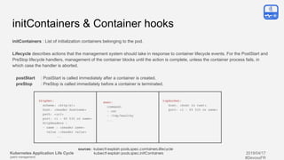 Kubernetes Application Life Cycle
(patch management)
2019/04/17
#DevoxxFR
initContainers : List of initialization containers belonging to the pod.
Lifecycle describes actions that the management system should take in response to container lifecycle events. For the PostStart and
PreStop lifecycle handlers, management of the container blocks until the action is complete, unless the container process fails, in
which case the handler is aborted.
postStart : PostStart is called immediately after a container is created.
preStop : PreStop is called immediately before a container is terminated.
httpGet:
scheme: <http(s)>
host: <header hostname>
path: <uri>
port: <1 - 65 535 or name>
httpHeaders :
- name : <header name>
value :<header value>
...
exec:
command:
- cat
- /tmp/healthy
...
tcpSocket:
host: <host to test>
port: <1 - 65 535 or name>
initContainers & Container hooks
sources : kubectl explain pods.spec.containers.lifecycle
kubectl explain pods.spec.initContainers
 