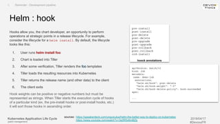 Kubernetes Application Life Cycle
(patch management)
2019/04/17
#DevoxxFR
Helm : hook
Hooks allow you, the chart developer, an opportunity to perform
operations at strategic points in a release lifecycle. For example,
consider the lifecycle for a helm install. By default, the lifecycle
looks like this:
1. User runs helm install foo
2. Chart is loaded into Tiller
3. After some verification, Tiller renders the foo templates
4. Tiller loads the resulting resources into Kubernetes
5. Tiller returns the release name (and other data) to the client
6. The client exits
Hook weights can be positive or negative numbers but must be
represented as strings. When Tiller starts the execution cycle of hooks
of a particular kind (ex. the pre-install hooks or post-install hooks, etc.)
it will sort those hooks in ascending order.
I. Reminder : Development pipeline
sources : https://speakerdeck.com/unguiculus/helm-the-better-way-to-deploy-on-kubernetes
https://www.youtube.com/watch?v=3q0R5x6mBZg
pre-install
post-install
pre-delete
post-delete
pre-upgrade
post-upgrade
pre-rollback
post-rollback
crd-install
hoock annotations
apiVersion: batch/v1
kind: Job
metadata:
name: demo-job
annotations:
"helm.sh/hook": post-delete
"helm.sh/hook-weight": "-5"
"helm.sh/hook-delete-policy": hook-succeeded
spec:
...
 