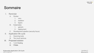 Kubernetes Application Life Cycle
(patch management)
2019/04/17
#DevoxxFR
Sommaire
I. Reminder
A. Docker
1. intro
2. isolation
3. layers
B. Kubernetes
1. generic
2. deployment
C. Development pipeline (security focus)
II. Application life cycle
A. Scanning tools
B. Too much technos
III. Proposed solution
A. 1,2,3 Hosting
B. Pitfalls
 