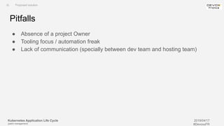 Kubernetes Application Life Cycle
(patch management)
2019/04/17
#DevoxxFR
Pitfalls
● Absence of a project Owner
● Tooling focus / automation freak
● Lack of communication (specially between dev team and hosting team)
III. Proposed solution
 