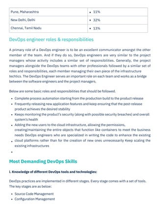 Pune, Maharashtra
New Delhi, Delhi
Chennai, Tamil Nadu
11%
32%
13%
i. Knowledge of different DevOps tools and technologies:
DevOps practices are implemented in different stages. Every stage comes with a set of tools.
The key stages are as below:
Source Code Management
Conﬁguration Management
A primary role of a DevOps engineer is to be an excellent communicator amongst the other
member of the team. And if they do so, DevOps engineers are very similar to the project
managers whose activity includes a similar set of responsibilities. Generally, the project
managers alongside the DevOps teams with other professionals followed by a similar set of
roles and responsibilities, each member managing their own piece of the infrastructure
techtics. The DevOps Engineer serves an important role on each team and works as a bridge
between the software engineers and the project managers.
Below are some basic roles and responsibilities that should be followed.
Complete process automation starting from the production build to the product release
Frequently releasing new application features and keep ensuring that the post-release
product achieves the desired stability
Keeps monitoring the product’s security (along with possible security breaches) and overall
system's health
Adding the new users to the cloud infrastructure, allowing the permissions,
creating/maintaining the entire objects that function like containers to meet the business
needs DevOps engineers who are specialized in writing the code to enhance the existing
cloud platforms rather than for the creation of new ones unnecessarily Keep scaling the
existing infrastructures
▲
▼
▼
Most Demanding DevOps Skills
DevOps engineer roles & responsibilities
 