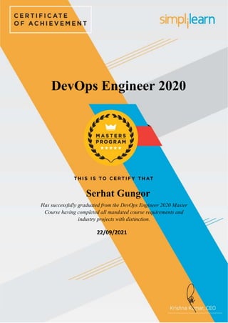 Serhat Gungor
Has successfully graduated from the DevOps Engineer 2020 Master
Course having completed all mandated course requirements and
industry projects with distinction.
DevOps Engineer 2020
22/09/2021
 
