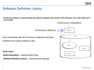 “Continuous delivery is about putting the release schedule in the hands of the business, not in the hands of IT.” 
- Jez Humble 
© 2014 IBM Corporation 
Accelerating Product and Service Innovation 
Software Definitive Library 
Runs immediately after the Continuous Integration QA phase 
Publishes the resulting artifacts to SDL 
Tools chain: 
Build Automation – Rational Build Forge 
Software Definitive Library – Rational Asset Manager 
17 
 