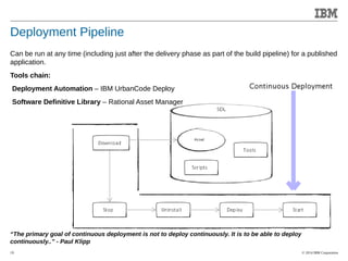 Can be run at any time (including just after the delivery phase as part of the build pipeline) for a published 
application. 
Tools chain: 
Deployment Automation – IBM UrbanCode Deploy 
Software Definitive Library – Rational Asset Manager 
© 2014 IBM Corporation 
Accelerating Product and Service Innovation 
Deployment Pipeline 
“The primary goal of continuous deployment is not to deploy continuously. It is to be able to deploy 
continuously..” - Paul Klipp 
19 
 
