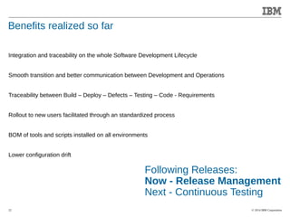 © 2014 IBM Corporation 
Accelerating Product and Service Innovation 
Benefits realized so far 
Integration and traceability on the whole Software Development Lifecycle 
Smooth transition and better communication between Development and Operations 
Traceability between Build – Deploy – Defects – Testing – Code - Requirements 
Rollout to new users facilitated through an standardized process 
BOM of tools and scripts installed on all environments 
Lower configuration drift 
22 
Following Releases: 
Now - Release Management 
Next - Continuous Testing 
 