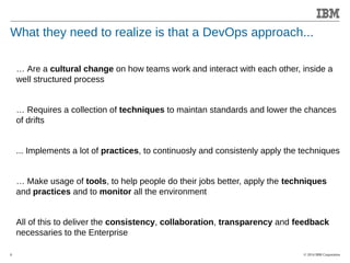 What they need to realize is that a DevOps approach... 
© 2014 IBM Corporation 
Accelerating Product and Service Innovation 
6 
… Are a cultural change on how teams work and interact with each other, inside a 
well structured process 
… Requires a collection of techniques to maintan standards and lower the chances 
of drifts 
... Implements a lot of practices, to continuosly and consistenly apply the techniques 
… Make usage of tools, to help people do their jobs better, apply the techniques 
and practices and to monitor all the environment 
All of this to deliver the consistency, collaboration, transparency and feedback 
necessaries to the Enterprise 
 