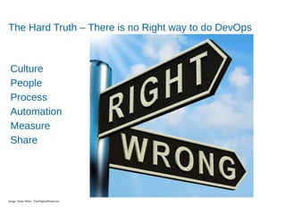 Accelerating Product and Service Innovation
The Hard Truth – There is no Right way to do DevOps
Image: Stuart Miles / FreeDigitalPhotos.net
Culture
People
Process
Automation
Measure
Share
 