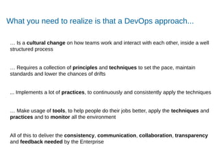 Accelerating Product and Service Innovation
What you need to realize is that a DevOps approach...
… Is a cultural change on how teams work and interact with each other, inside a well
structured process
… Requires a collection of principles and techniques to set the pace, maintain
standards and lower the chances of drifts
... Implements a lot of practices, to continuously and consistently apply the techniques
… Make usage of tools, to help people do their jobs better, apply the techniques and
practices and to monitor all the environment
All of this to deliver the consistency, communication, collaboration, transparency
and feedback needed by the Enterprise
 