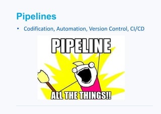 Pipelines
• Codification, Automation, Version Control, CI/CD
 