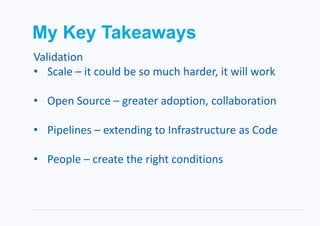 My Key Takeaways
Validation
• Scale – it could be so much harder, it will work
• Open Source – greater adoption, collaboration
• Pipelines – extending to Infrastructure as Code
• People – create the right conditions
 