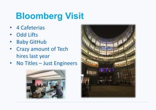 Bloomberg Visit
• 4 Cafeterias
• Odd Lifts
• Baby GitHub
• Crazy amount of Tech
hires last year
• No Titles – Just Engineers
 