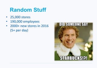 Random Stuff
• 25,000 stores
• 190,000 employees
• 2000+ new stores in 2016
(5+ per day)
 