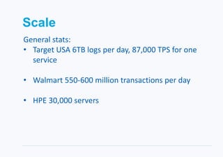 Scale
General stats:
• Target USA 6TB logs per day, 87,000 TPS for one
service
• Walmart 550-600 million transactions per day
• HPE 30,000 servers
 