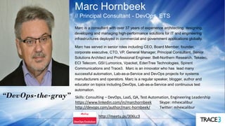Marc Hornbeek
// Principal Consultant - DevOps, ETS
Marc is a consultant with over 37 years of experience architecting, designing,
developing and managing high-performance solutions for IT and engineering
infrastructures deployed in commercial and government applications globally.
Marc has served in senior roles including CEO, Board Member, founder,
corporate executive, CTO, VP, General Manager, Principal Consultant, Senior
Solutions Architect and Professional Engineer. Bell-Northern Research, Tekelec,
ECI Telecom, GSI Lumonics, Vpacket, EdenTree Technologies, Spirent
Communications and Trace3. Marc is an innovator who has lead many
successful automation, Lab-as-a-Service and DevOps projects for systems
manufacturers and operators. Marc is a regular speaker, blogger, author and
educator on topics including DevOps, Lab-as-a-Service and continuous test
automation.
Skills: Consulting – DevOps, LaaS, QA, Test Automation, Engineering Leadership
https://www.linkedin.com/in/marchornbeek Skype: mhexcalibur
http://devops.com/author/marc-hornbeek/ Twitter: mhexcalibur
“DevOps-the-gray”
http://meetu.ps/306Lc3
 