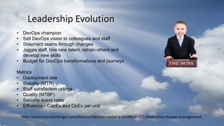 Leadership Evolution
http://searchcio.techtarget.com/feature/DevOps-model-a-profile-in-CIO-leadership-change-management
• DevOps champion
• Sell DevOps vision to colleagues and staff
• Shepherd teams through changes
• Juggle staff, hire new talent, retrain others and
develop new skills
• Budget for DevOps transformations and journeys
Metrics
• Deployment rate
• Stability (MTR)
• Staff satisfaction ratings
• Quality (MTBF)
• Security event rates
• Efficiency - CapEx and OpEx per unit
 