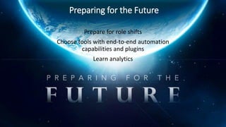 35
Prepare for role shifts
Choose tools with end-to-end automation
capabilities and plugins
Learn analytics
Preparing for the Future
 