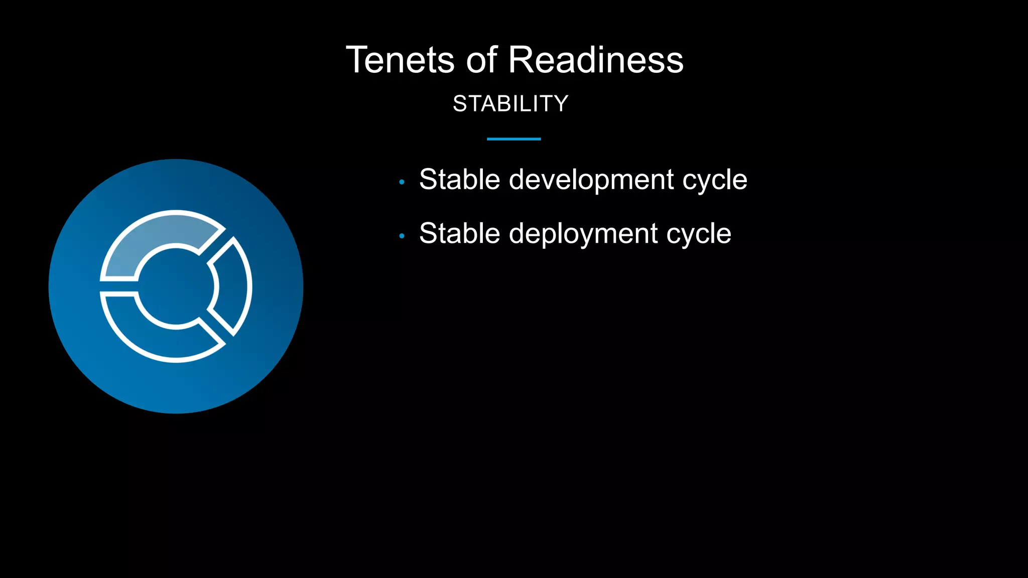Tenets of Readiness
STABILITY
• Stable development cycle
• Stable deployment cycle
 