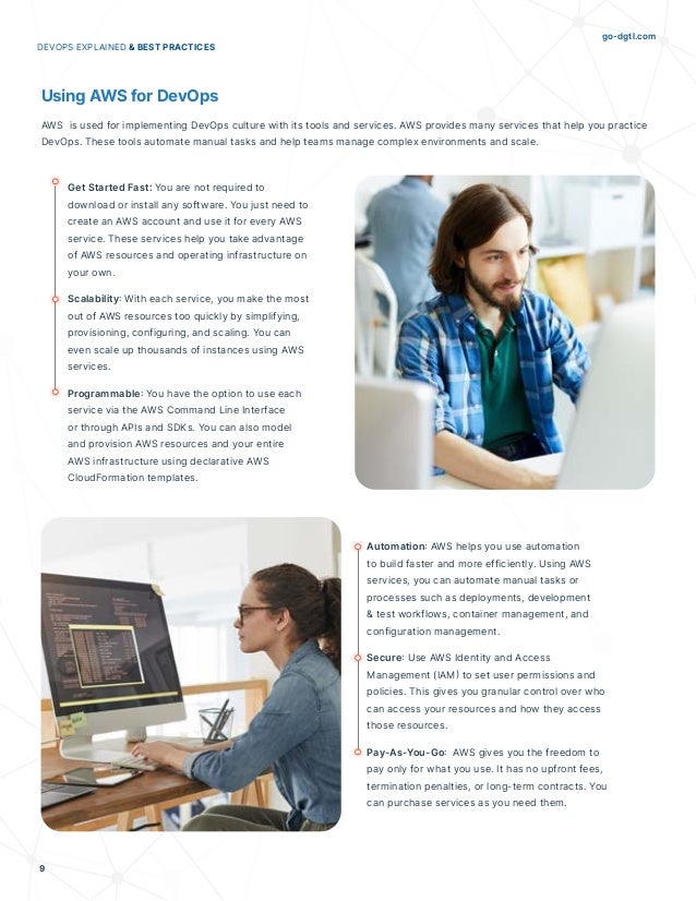 go-dgtl.com
9
DEVOPS EXPLAINED & BEST PRACTICES
Using AWS for DevOps
AWS is used for implementing DevOps culture with its tools and services. AWS provides many services that help you practice
DevOps. These tools automate manual tasks and help teams manage complex environments and scale.
Get Started Fast: You are not required to
download or install any software. You just need to
create an AWS account and use it for every AWS
service. These services help you take advantage
of AWS resources and operating infrastructure on
your own.
Scalability: With each service, you make the most
out of AWS resources too quickly by simplifying,
provisioning, configuring, and scaling. You can
even scale up thousands of instances using AWS
services.
Programmable: You have the option to use each
service via the AWS Command Line Interface
or through APIs and SDKs. You can also model
and provision AWS resources and your entire
AWS infrastructure using declarative AWS
CloudFormation templates.
Automation: AWS helps you use automation
to build faster and more efficiently. Using AWS
services, you can automate manual tasks or
processes such as deployments, development
& test workflows, container management, and
configuration management.
Secure: Use AWS Identity and Access
Management (IAM) to set user permissions and
policies. This gives you granular control over who
can access your resources and how they access
those resources.
Pay-As-You-Go: AWS gives you the freedom to
pay only for what you use. It has no upfront fees,
termination penalties, or long-term contracts. You
can purchase services as you need them.
 